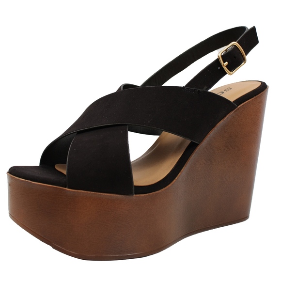 Shoes - Black Criss Cross Slingback Faux Wooden Wedge